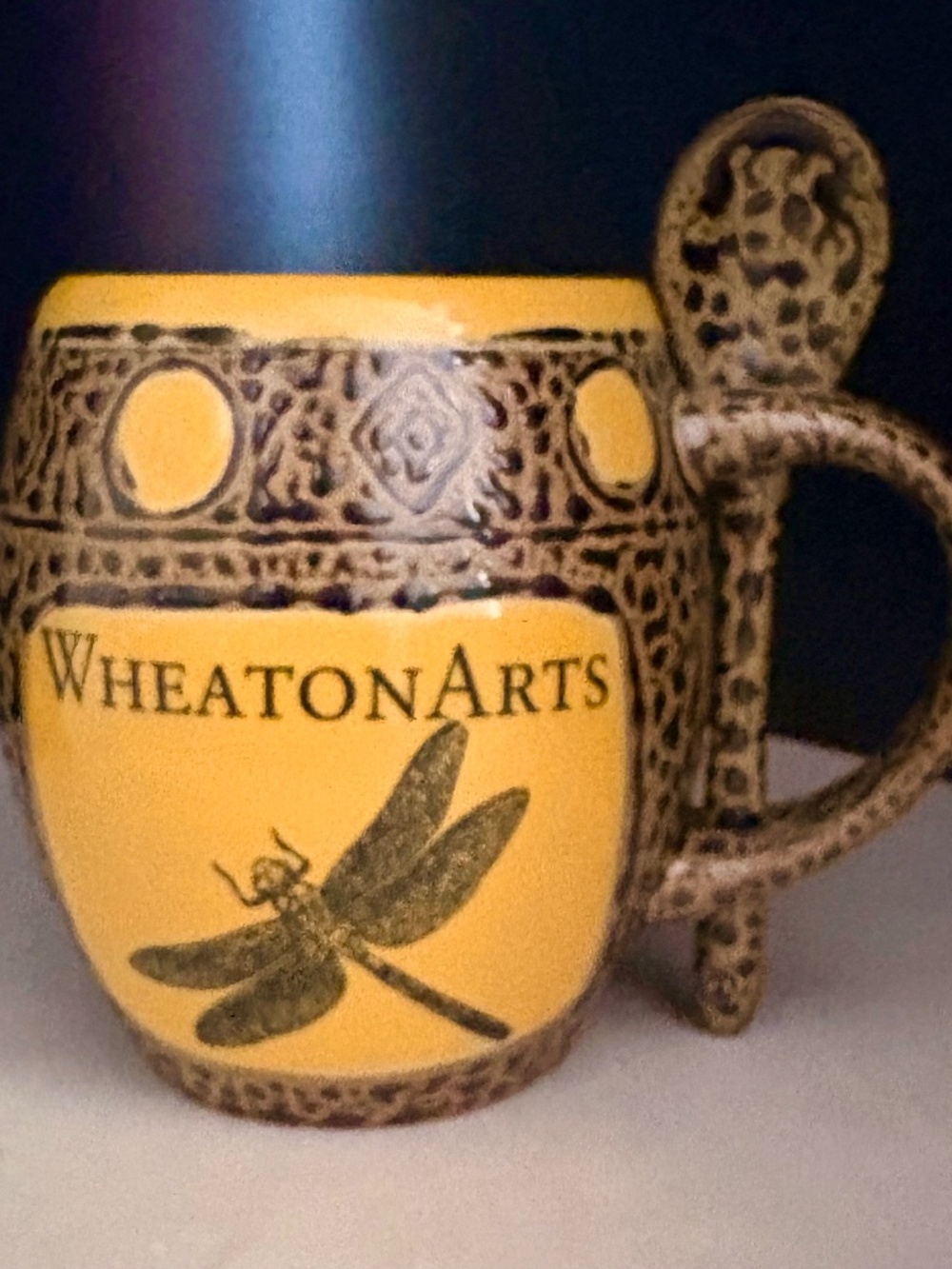 Always Azul Wheaton Arts Embossed Yellow Dragonfly Pottery Mug & Spoon Set 14 oz